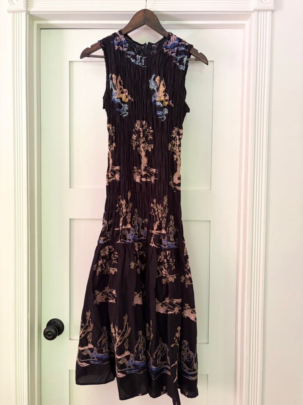 Black Ruched Embroidered Midi Dress